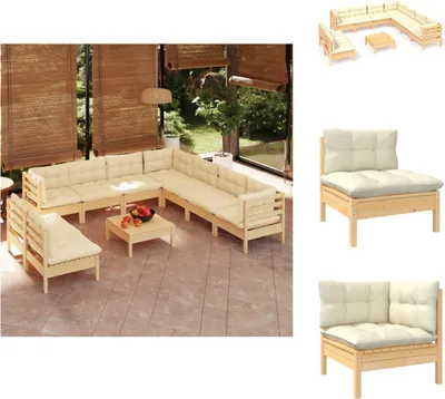 Produktbild von vidaXL 10-tlg. Garten-Lounge-Set mit Creme Kissen Massivholz Kiefer -  Gartenmöbel-Sets
