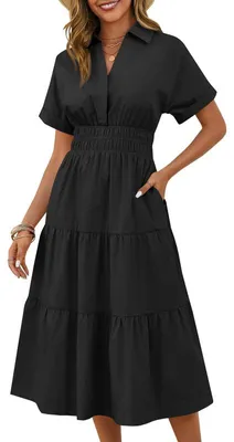 Produktbild von Imily Bela Sommerkleid für Damen, kurzärmelig, extra lang, lässiger V-Ausschnitt, gerafft, locker geschnitten, mehrlagig, fließendes Hemdkleid mit Taschen