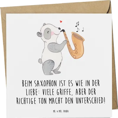 Produktbild von Mr. & Mrs. Panda Grußkarte Saxophon Liebe - Weiß - Geschenk, Klappkarte, Instrument, Musiktechnik, Blues, Töne, Musik und Gefühle, anlasskarte, Musiker, Griffe, Lernen