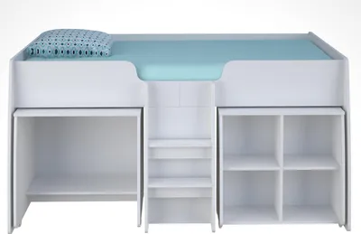 Produktbild von Hochbett FINN mit integriertem Tisch und Regal : ohne Matratze Weiß ohne Aufsatz Matratze: ohne Matratze Farbe: Weiß Ausführung: ohne Aufsatz