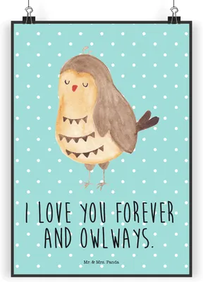 Produktbild von Mr. & Mrs. Panda Bild Eule Zufrieden DIN A5 - Türkis Pastell - Geschenk, Deko, drucke, kunstdruck poster, Liebesspruch, Romantisch, wanddeko, Wandbild, Wandschmuck, Owl