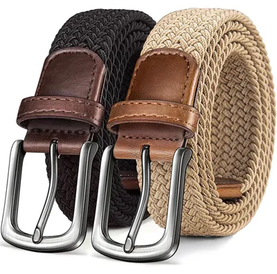Produktbild von Elastischer Flechtgürtel 2er Set Herren Damen 35mm 130cm Schwarz/Beige verstellbar