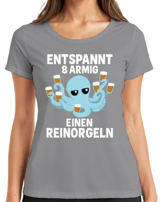 Imagen del producto de Camiseta divertida para mujer, con diseño de pulpo relajado sosteniendo una cerveza, color gris, talla L