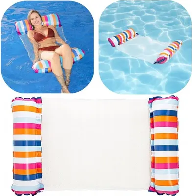 Zdjęcie produktu dla Hamak wodny Materac pływacki Nadmuchiwany basen Leżak z siatką w paski 120x70 cm