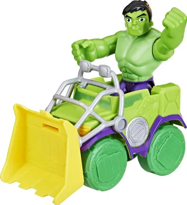 A toy Hulk character driving a green and yellow construction vehicle.