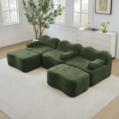 Produktbild von Modulares U-förmiges 3-Sitzer Sofa, 2 Ottomans, 32D Hochdichtschaum, Wellenfederung, tiefe Sitzfläche, lose Armlehnenkissen, Wohnzimmer