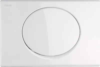 A white toilet flush plate with a circular button.