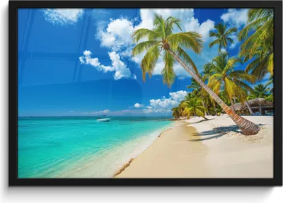 Produktbild von MuchoWow® MuchoWow® Gerahmtes Poster Strand - Meer - Boot - Palme 60x40 cm - Poster mit zchwarzem Bilderrahmen - Printing - Wanddeko Schlafzimmer