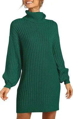 Produktbild von ASKSA Damen Rollkragen Pulloverkleid Einfarbig Laterne Ärmel Tunika Lange Winter Strickkleid, Dunkelgrün, M