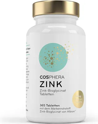 Produktbild von Cosphera Zink | 365 Tabletten | Zink-Bisglycinat | hochdosiert mit 25 mg Zink je Tablette | hoch bioverfügbar | vegan