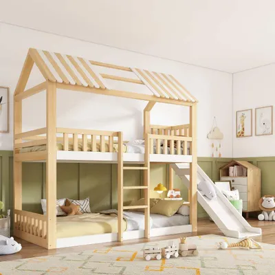 Image de Lit mezzanine pour enfants et familles avec armoire intégrée à l'escalier, espace de rangement et étagères, design en bois naturel, accès sécurisé, idéal pour les adolescents - 90 x 200 cm