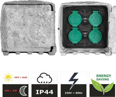 Produktbild von Grafner Gartensteckdose in Steinoptik mit Dämmerungssensor ON/AUTO, 4 Steckdosen, 3680W / 16A, 3 Meter Zuleitung mit Stecker, eckig, Energiesäule Mehrfachsteckdose Außen Outdoor Stein Optik