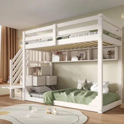 Productafbeelding van Stapelbed 90x200 cm, wit, met trapkast, opbergruimte, ruimtebesparend, veilig, kinderbedden, zonder matras