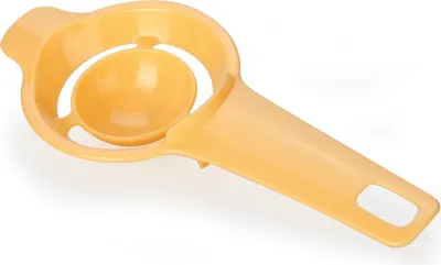 A yellow egg separator tool is shown against a white background.