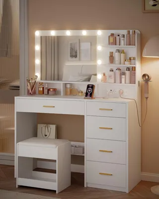 Productafbeelding van Kaptafel Met LED-Verlichting - Wit - Met Kruk En Spiegel - 90 cm Breed - Hout
