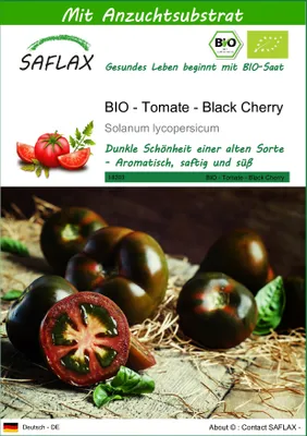 Produktbild von SAFLAX - BIO - Tomate - Black Cherry - 10 Samen - Mit keimfreiem Anzuchtsubstrat - Solanum lycopersicum