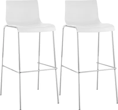 Two white bar stools with chrome legs are shown against a white background.