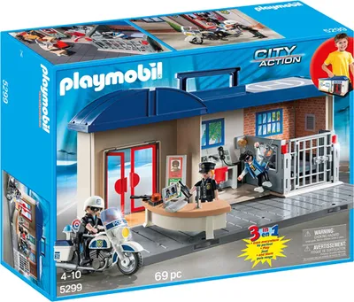 The image shows the packaging of a Playmobil City Action police station playset, featuring figures and accessories.