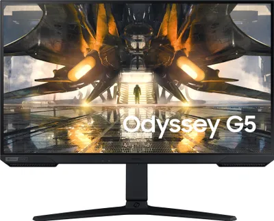 A Samsung Odyssey G5 gaming monitor displaying a futuristic scene with a person standing in the center.