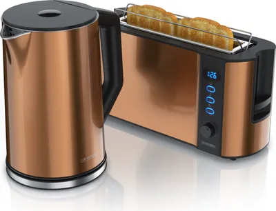 Produktbild von Arendo Frühstücksset, Wasserkocher mit Temperatureinstellung, Edelstahl, 2200W, 1,5L + Toaster 2 Scheiben, Langschlitztoaster 2 Scheiben, Langschlitz, 1000W, Kupfer