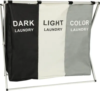 A three-compartment laundry sorter with labels for 'DARK', 'LIGHT', and 'COLOR' laundry.