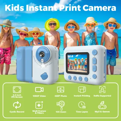 Produktbild von Sofortbildkamera für Kinder, 1080P, digital, für 2,4-Zoll-IPS-Bildschirm, 10-facher Zoom, integrierter Akku, mit Thermodruckpapier, Farbstiften, Umhängeband, 32 GB TF-Karte, Geburtstag, Festival, Geschenk