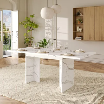 Produktbild von Ausziehbarer Esstisch 140–180 × 80 cm, rechteckig, 30 mm starke MDF-Tischplatte, T-förmige Tischbeine, Zusatzplatte unter Tisch verstaubar, weißes Marmordesign, für 6–8 Personen