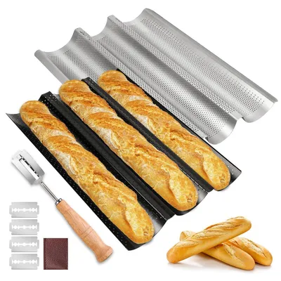 Zdjęcie produktu dla Zestaw 2 form do pieczenia bagietek, idealny do 3 bagietek, z nożem do pieczywa. Powłoka nieprzywierająca. Wymiary: 38x24 cm