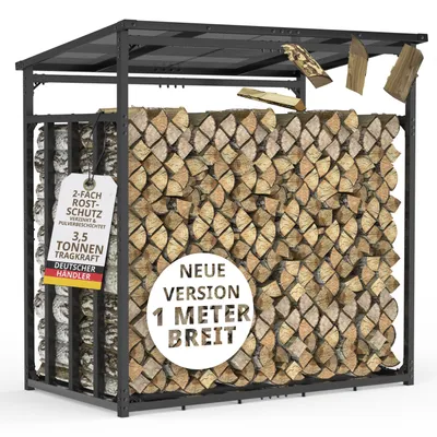 A metal firewood rack filled with logs, with some logs falling from the top.
