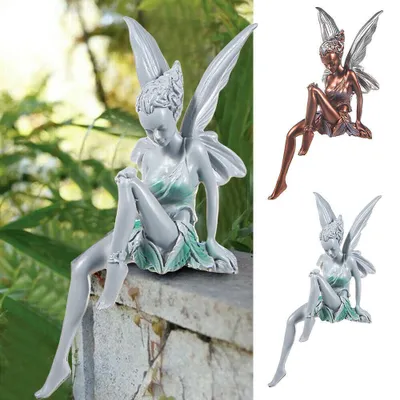 Obrázek produktu pro 2X Flower Fairy Statue Zahradní dekorace Andělská křídla Sedící víla Figurka Zahradní postavy Zahradní pryskyřice Ornamenty Sochařství