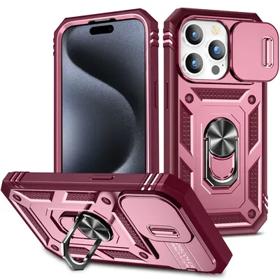 Obrázek produktu pro Pouzdro pro iPhone 15 Pro Max posuvná ochrana kamery, robustní nárazuvzdorné, s držákem prstenu, stojánkem a držákem na karty červené Růžový