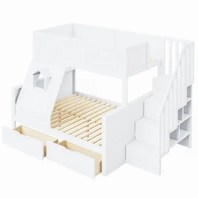 Produktbild von Kinderbett, Etagenbett mit Sicherheitsleiter, Schubladen und Fenster; Oberes Bett 90 x 200, Unteres Bett 140 x 200 ; Stabiler Massivholzrahmen