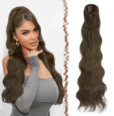 Immagine prodotto di Estensione per capelli a forma di coda di cavallo, con cordoncino regolabile, lunghezza 75 cm, ondulata, color castano