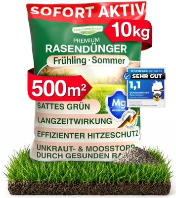 Produktbild von DÜNGEMEISTER Rasendünger für Ihren sattgrünsten Traumrasen - gesunder, dichter und sattgrüner Rasen sofort mit revolutionärer KI Formel - Langzeit NPK/Organisch Frühjahr/Sommer (10 kg)