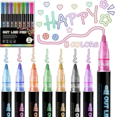 Produktbild von Outline Pen Set, 8 Farbige Doppel Linienstifte, Acryl Stifte, für Glasfarben, Glitzerstifte