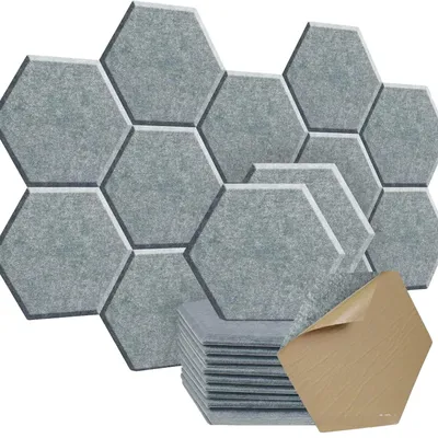 Immagine prodotto di Pannelli acustici, design esagonale, installazione autoadesiva, grigio scuro, confezione da 12 pezzi