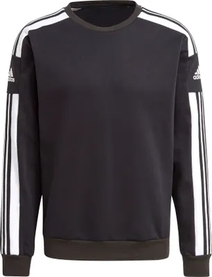 A black Adidas sweatshirt with white stripes on the sleeves, shown against a white background.