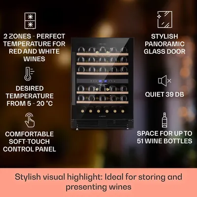 Zdjęcie produktu dla Klarstein Wolnostojąca lodówka na wino, 2 strefy, Mała lodówka na napoje, Mała lodówka na wino, Mała lodówka na wino ze szklanymi drzwiami, Lodówka na napoje butelkowane z dotykowym panelem, Lodówka na wino 5-20°C, 51 butelek