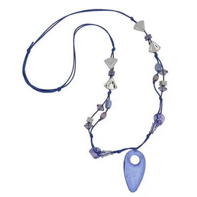 Produktbild von Kette Kunststoffperlen blau transparent silberfarben Faustkeil Kordel blau 90cm blau 90 cm