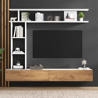 Immagine prodotto di okwish Pareti soggiorno TV Set di mobili per soggiorno con supporto TV, supporto di presentazione verticale con due partizioni aperte, in piedi e appeso, colore bianco+legno