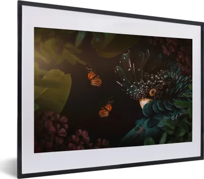 Produktbild von MuchoWow® MuchoWow® Gerahmtes Poster Dschungel - Vogel - Schmetterling - Blumen 40x30 cm - Poster mit zchwarzem Bilderrahmen - Bilderrahmen - Poster im Rahmen