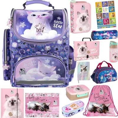 Produktbild von Schulranzen für Mädchen, 13er-Set - Schul-Rucksack für Kinder mit Federmäppchen - Schuhbeutel Trinkflasche und Brotdose - Katze Motiv