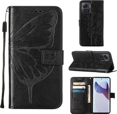 Produktbild von Moto X30 Pro Hülle, Schmetterling Prägung Flip Leder Kartenfächer Schutzhülle Ledertasche mit Ständer für Motorola Moto X30 Pro 5G Schwarz
