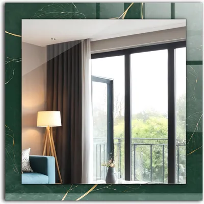A mirror reflecting a room with a window view.