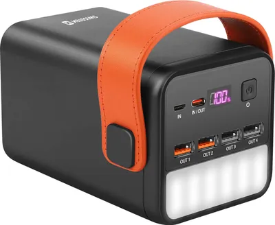A black power bank with an orange handle is shown against a white background.