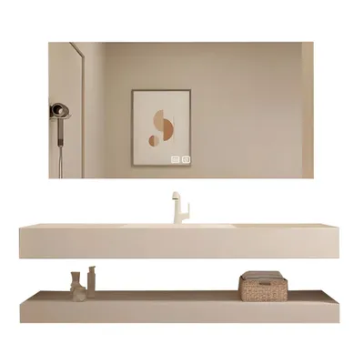 Produktbild von 360Home Badezimmerschrank mit Waschtisch und Spiegel-Set in Beige Waschbecken aus Keramik mit Ablage 120cm