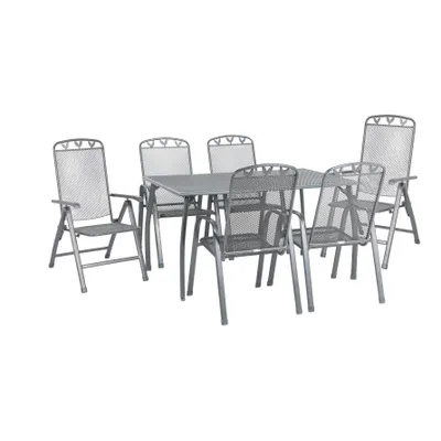 Produktbild von greemotion Gartenmöbel-Set Toulouse II 7-teilig grau Metall mit Tisch Stapelstühlen und Klappsesseln