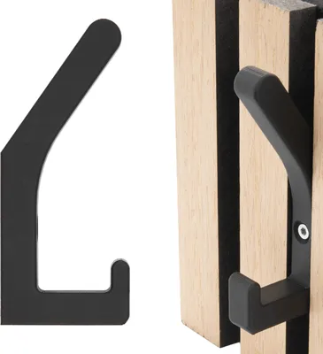 A black hook is shown on a white background, and another black hook is attached to a wooden acoustic panel.