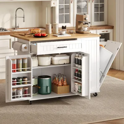 Produktbild von Flieks Mobile Kücheninsel mit klappbarer Arbeitsplatte, Rollwagen mit feststellbare Rollen und Mülleimerschrank, Servierwagen 130x45-70x93cm, Weiß