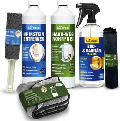 Produktbild von bio-chem Badreiniger Set 6-teilig - 1x Haar-Weg Abflussfrei, 1x Urinsteinentferner, 1x Sanitärreiniger + Bimsstein & Tücher- Effektiver Abflussreiniger, Toilettenreiniger & Kalkentferner fürs Bad